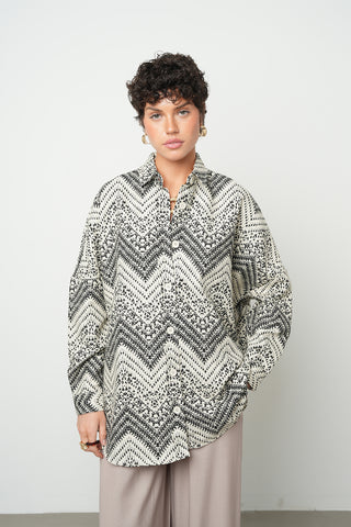 Kadın Siyah-Krem Karışık Desenli Oversize Kesim Gömlek