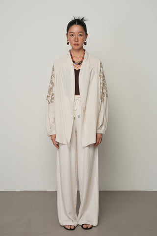 Kadın Sırt ve Kol İşlemeli Bohem Tarz Natur Oversize Kimono