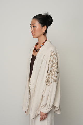 Kadın Sırt ve Kol İşlemeli Bohem Tarz Natur Oversize Kimono
