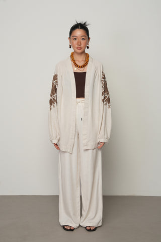 Kadın Sırt ve Kol Kahverengi İşlemeli Bohem Oversize Kimono