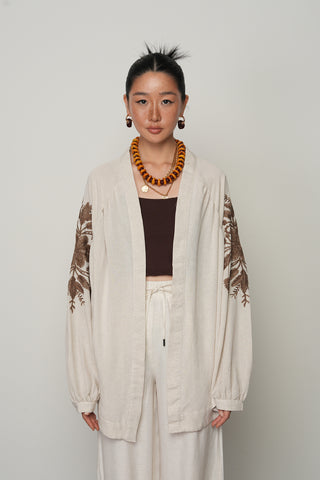 Kadın Sırt ve Kol Kahverengi İşlemeli Bohem Oversize Kimono