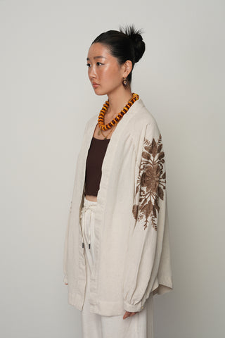 Kadın Sırt ve Kol Kahverengi İşlemeli Bohem Oversize Kimono