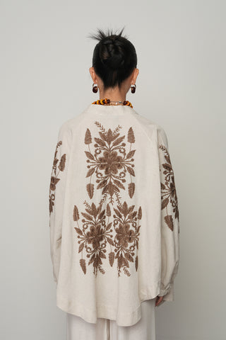Kadın Sırt ve Kol Kahverengi İşlemeli Bohem Oversize Kimono