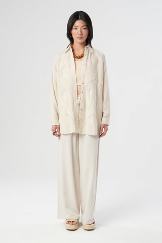 Kadın Etnik Yaprak Nakışlı Pamuk Keten Oversize Gömlek