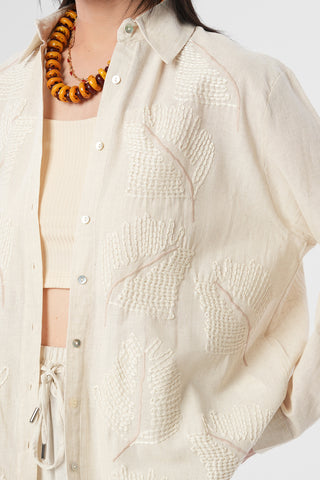 Kadın Etnik Yaprak Nakışlı Pamuk Keten Oversize Gömlek