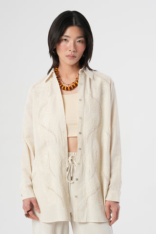 Kadın Etnik Yaprak Nakışlı Pamuk Keten Oversize Gömlek