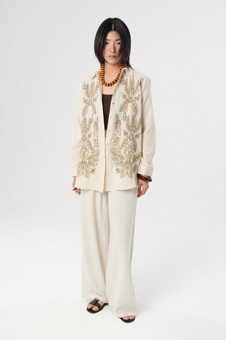 Kadın Kahverengi Yapraklı Nakış İşlemeli Pamuk Keten Karışımlı Oversize Gömlek