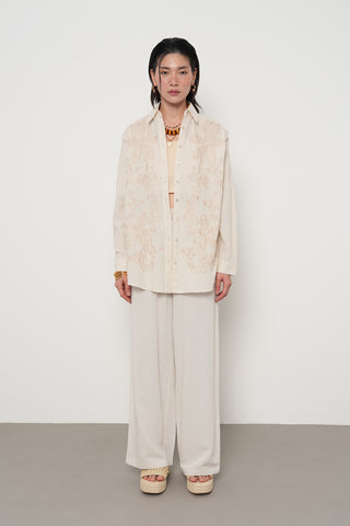 Kadın Büyük Çiçek Nakışlı Pamuk Keten Karışımlı Oversize Gömlek