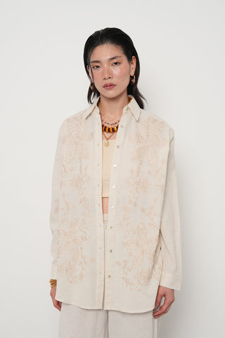 Kadın Büyük Çiçek Nakışlı Pamuk Keten Karışımlı Oversize Gömlek