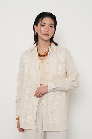 Kadın Natur Renk Nakışlı Pamuk Keten Karışımlı Oversize Gömlek