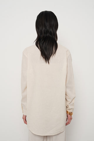 Kadın Natur Renk Nakışlı Pamuk Keten Karışımlı Oversize Gömlek