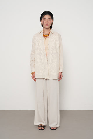 Kadın Natur Renk Nakışlı Pamuk Keten Karışımlı Oversize Gömlek