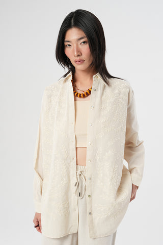 Kadın Minimalist Yaprak Nakışlı Pamuk Keten Oversize Gömlek