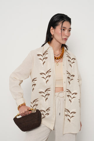 Kadın Nakış İşlemeli Pamuk Keten Karışımlı Oversize Gömlek