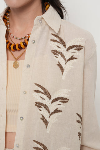 Kadın Nakış İşlemeli Pamuk Keten Karışımlı Oversize Gömlek