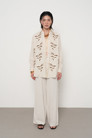 Kadın Nakış İşlemeli Pamuk Keten Karışımlı Oversize Gömlek