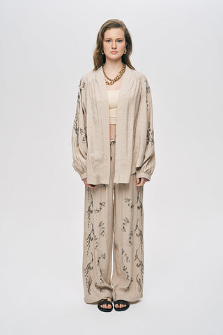 Kadın Arkası Ve Yanı Boncuk İşlemeli Oversize Kimono