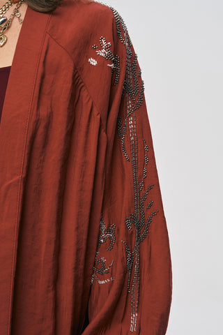 Kadın Arkası Ve Yanı Boncuk İşlemeli Oversize Kimono