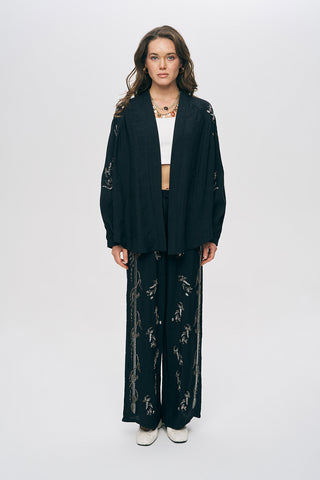 Kadın Arkası Ve Yanı Boncuk İşlemeli Oversize Kimono