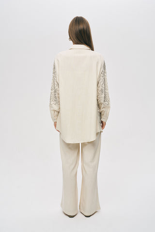 Kadın Etnik Nakışlı Viskon-Keten Oversize Gömlek