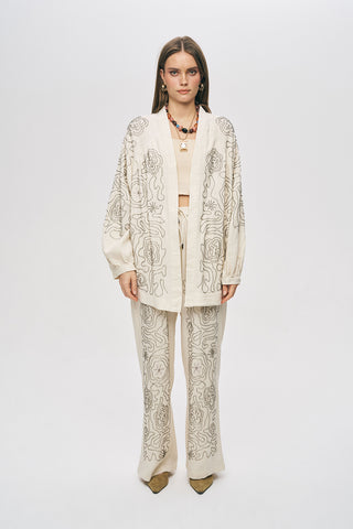 Kadın Etnik Nakışlı Viskon-Keten Oversize Kimono