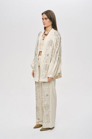 Kadın Etnik Nakışlı Viskon-Keten Oversize Kimono