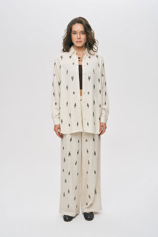Kadın Etnik Modern Boncuk İşlemeli Natur Oversize Gömlek