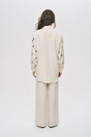 Kadın Etnik Modern Boncuk İşlemeli Natur Oversize Gömlek