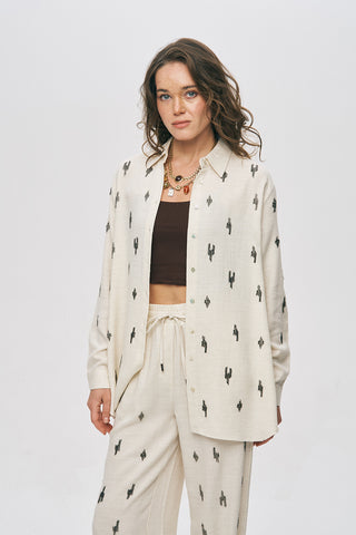 Kadın Etnik Modern Boncuk İşlemeli Natur Oversize Gömlek