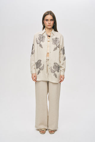 Kadın Flora Natur Nakış İşlemeli Oversize Keten Karışımlı Gömlek