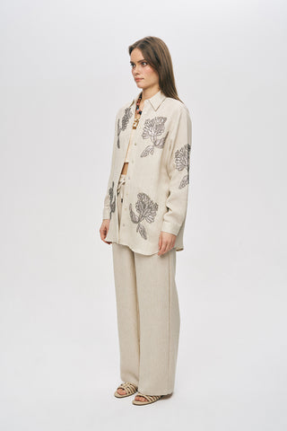 Kadın Flora Natur Nakış İşlemeli Oversize Keten Karışımlı Gömlek