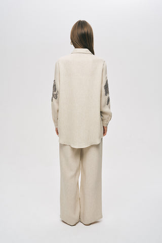 Kadın Flora Natur Nakış İşlemeli Oversize Keten Karışımlı Gömlek