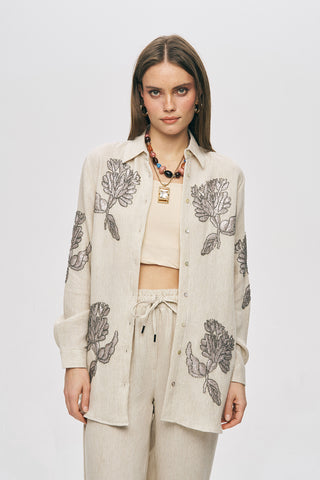 Kadın Flora Natur Nakış İşlemeli Oversize Keten Karışımlı Gömlek