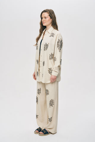 Kadın Boncuk İşlemeli Pamuk-Keten Natur Oversize Gömlek