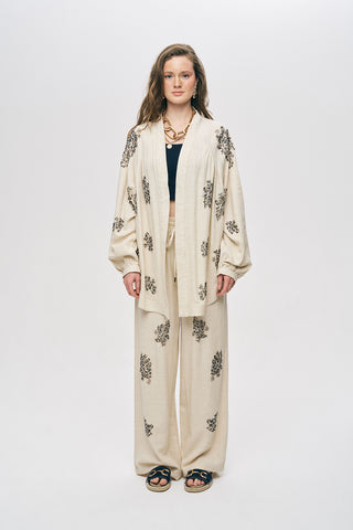 Kadın Boncuk İşlemeli Pamuk-Keten Natur Oversize Kimono
