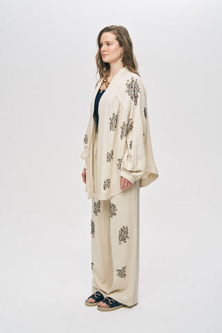 Kadın Boncuk İşlemeli Pamuk-Keten Natur Oversize Kimono