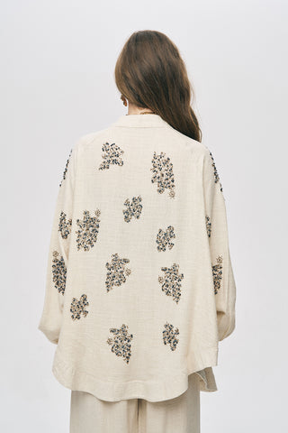 Kadın Boncuk İşlemeli Pamuk-Keten Natur Oversize Kimono