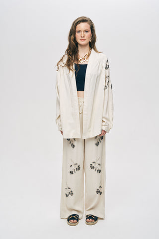 Kadın Natur Kol ve Sırt Boncuk Nakışlı Oversize Kimono