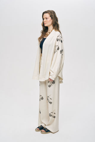 Kadın Natur Kol ve Sırt Boncuk Nakışlı Oversize Kimono