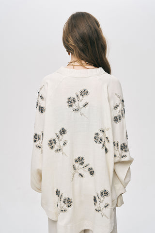 Kadın Natur Kol ve Sırt Boncuk Nakışlı Oversize Kimono
