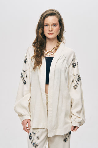 Kadın Natur Kol ve Sırt Boncuk Nakışlı Oversize Kimono