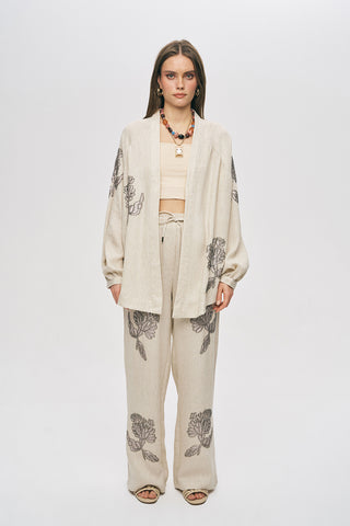 Kadın Flora Natur Nakış İşlemeli Geniş Kesim Oversize Kimono