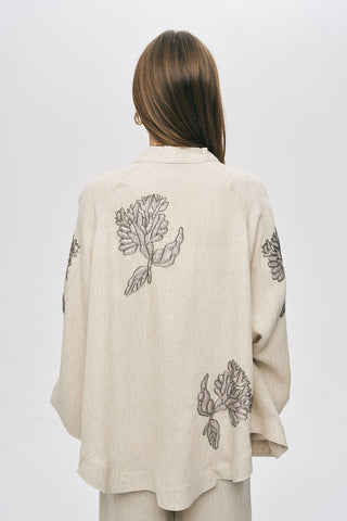 Kadın Flora Natur Nakış İşlemeli Geniş Kesim Oversize Kimono