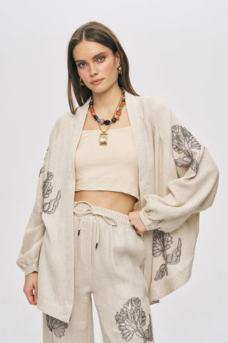 Kadın Flora Natur Nakış İşlemeli Geniş Kesim Oversize Kimono