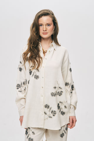 Kadın Natur Boncuk İşlemeli Ve Nakışlı Oversize Gömlek