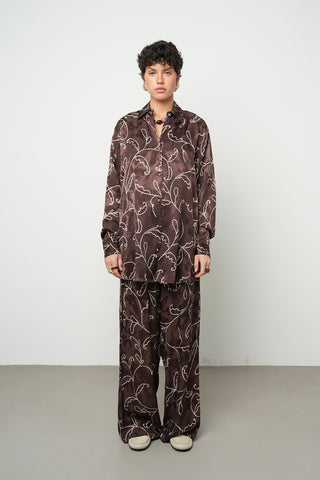 Kadın Kahverengi Floral Nakış Görünümlü İpeksi Oversize Gömlek