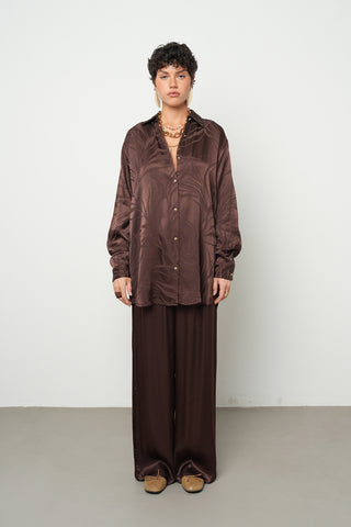 Kadın Çikolata Kahve Desenli %100 Viskon Oversize Gömlek