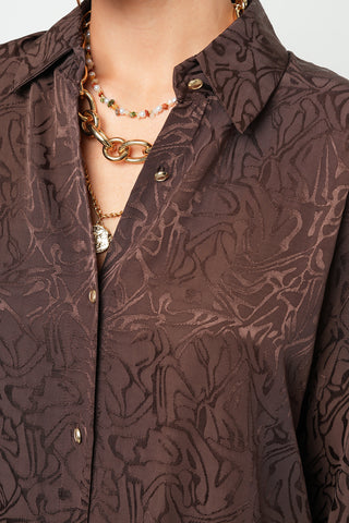 Kadın Kahverengi Etnik Desenli Viskon Karışımlı Oversize Gömlek