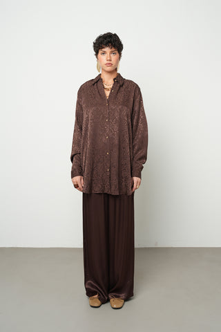 Kadın Kahverengi Etnik Desenli Viskon Karışımlı Oversize Gömlek