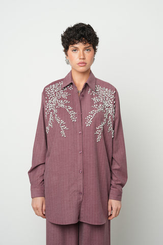 Kadın Önü Taş İşlemeli Çizgili Oversize Gömlek